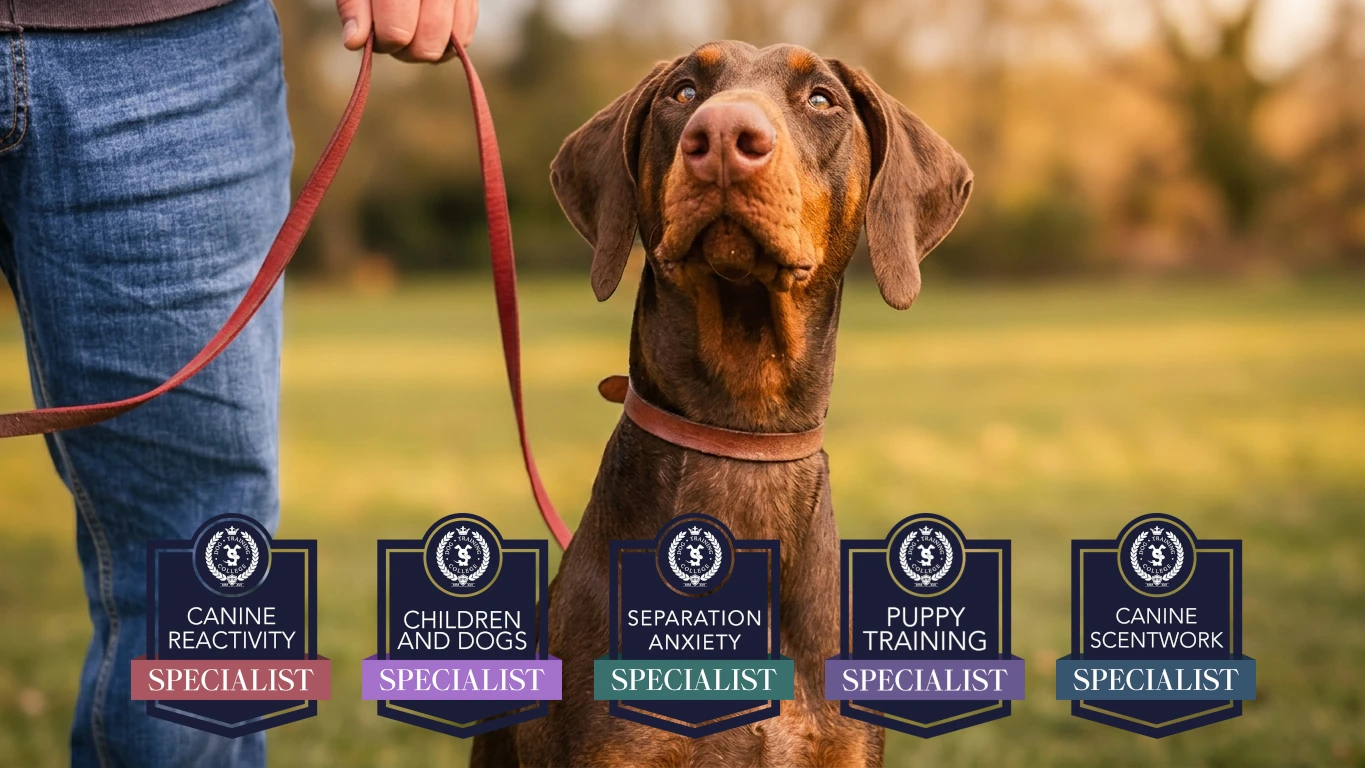 a dog looking at the camera on a lead with five qualification badges