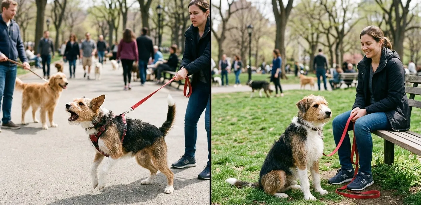 a reactive dog pulling their owner and the same dog sat down in the other side behaving
